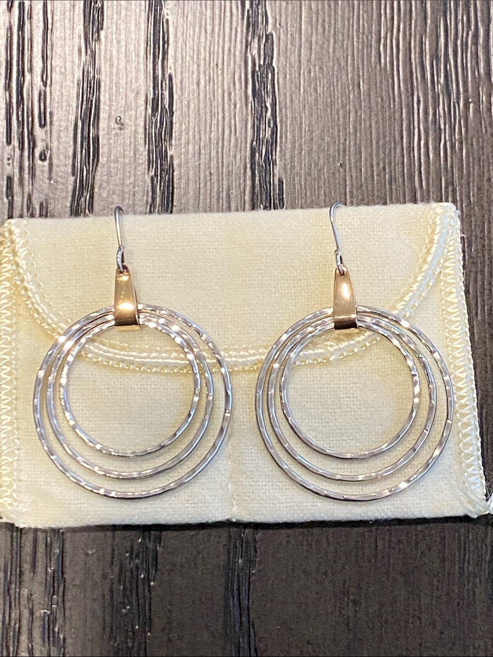 JAMES AVERY-Retired-Gold & Sterling Silver 3-Hammerd Triple Circle Earrings - Picture 7 of 7